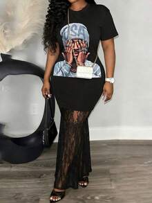 Slaydiva Plus Size Maxi Dress For Women,Round Neck Short Sleeve Lace Patchwork Hem,Black And Gold,Summer,Casual,Bussines,,Independence Day Print Dress - Black - View 10