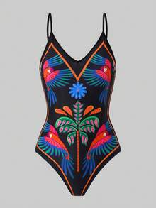 Swim Oasis Bộ đồ bơi liền thân gợi cảm, cổ chữ V sâu, in hình chim nhiệt đới dành cho nữ cỡ lớn năm 2026, kèm váy quấn, thích hợp cho mùa hè. - màu đen - Xem 3