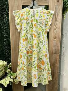 EMERY ROSE Plus-Size Women's White,Summer,Boho,Vacation,Holiday Dress With Yellow Floral Print,Ruffled Sleeves,Round Neckline,Layered Design For Casual Style - Yellow - View 2