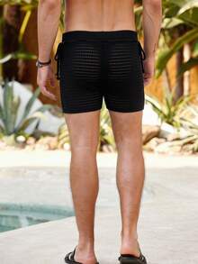 Manfinity Swimmode Men's Black Solid Hollow Mesh Drawstring Waist Casual Shorts,Summer Holiday Basic Beach Swimtrunks,Matching Swimwear Couple Set For Men And Women - Black - View 3