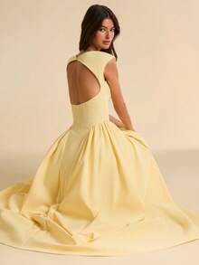 SHEIN BAE Đầm ngắn tay màu vàng trơn, dáng chữ A, ôm eo, thanh lịch, phong cách vintage, thích hợp cho sinh nhật, tiệc trà, tiệc brunch, tựu trường, tiệc chiêu đãi, tiệc tùng. - Màu vàng - Xem 6