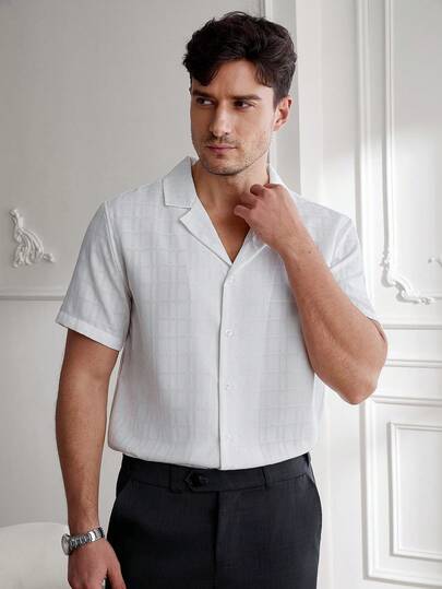 Core Aspect Men's Jacquard Plaid Short Sleeve Shirt, Casual Daily Wear & Commute Vacation Top