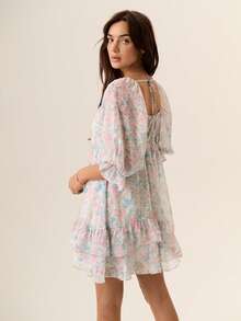 Willow Rêve Women's White And Blue Floral Chiffon Asymmetrical Double Ruffle Hem Dress, Holiday/Travel Style, Tea Party Vacation Garden Picnic, Boho Casual - Baby Blue - View 2