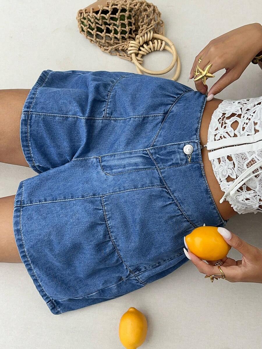 Sunnyshic Quần short denim ống rộng, nhăn, giặt mài, thời trang mùa hè dành cho nữ. - Rửa trung bình - Xem 1
