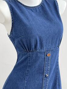 Elamini Đầm denim xanh khoét lỗ thời trang dã ngoại dành cho nữ, cài nút và thắt nơ, thích hợp cho mùa xuân/hè. - Rửa trung bình - Xem 5