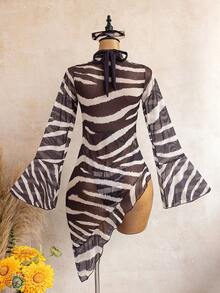 Swim Vcay Conjunto de Vestido Feminino de Verão para Praia com Listras Pretas & Rosas em Tela de Manga Longa, Conjunto de Maiô Bikini com Amarração na Frente e Costas Abertas, Vestido Ajustado com Bainha Assimétrica e Flare, Roupa de Praia Casual de Férias 3 Peças - Amarelo - Visão 2