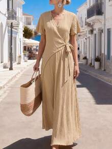 Isle Nomé Women's Solid Color Short Sleeve Dress, Textured Cinched Waist Long Dress, Suitable For Summer Daily Commute, Travel, Date Vacation Khaki Green Casual - Apricot - View 2