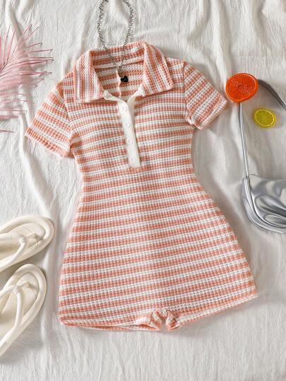 SHEIN Tween Girl Striped Button Half-Placket Short Sleeve Casual Romper