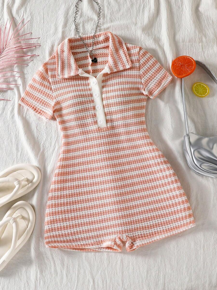 SHEIN Bộ áo liền quần tay ngắn, kẻ sọc, cài cúc nửa thân, kiểu dáng thường ngày cho bé gái tuổi teen. - Hồng - Xem 1
