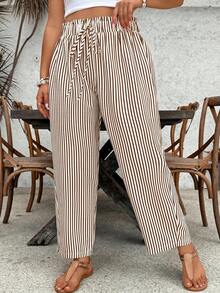 SHEIN PETITE CURVE 大码女式条纹休闲百搭日常裤 - 棕色 - 查看 5