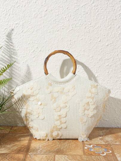 SHECARRY Ladies Fashionable Elegant Simple Beige Irregular Sequins Wooden Handbag, Vacation Summer Vacation Party Afternoon Tea
