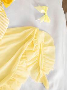 Emery Rose Kids Emery Rose Kids 女童蝴蝶结条纹印花荷叶袖连体泳衣，带罩裙 - 黃色 - 查看 7