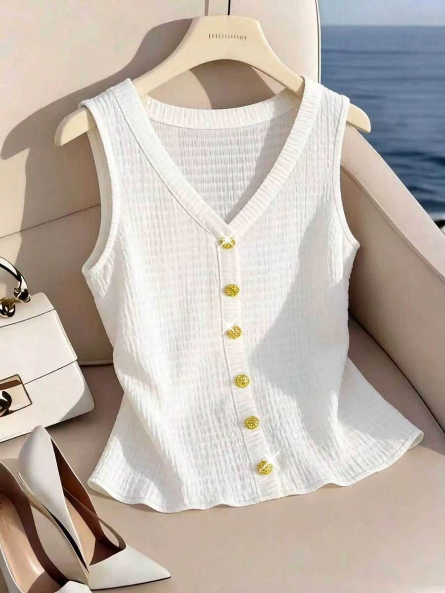 Airaco Women's V-Neck Casual White Gold Button Vest - Beige - View 1