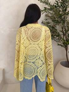 SHEIN Glamour 纯色镂空不对称下摆休闲长袖衬衫 - 黃色 - 查看 7