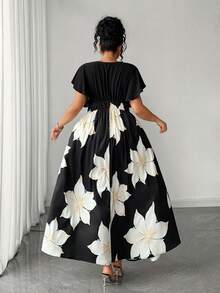 Elenzga Plus Size Elegant Floral Print Patchwork Dress, Summer - Black - View 2