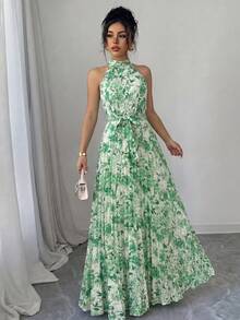SHEIN Elenzya Ditsy Floral Ruffle Collar Pleated Waist A-Line Elegant Romantic Dress For Women, Suitable For Vacation - Multicolor - View 3