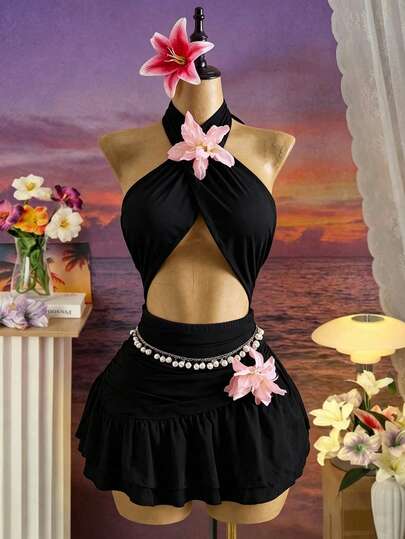 Bellisia Vestido corto elegante y sexy sin mangas con estampado de cuello halter para mujer
