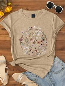 SHEIN Áo thun nữ cỡ lớn tay ngắn cổ tròn dáng thường ngày mùa hè - Màu Khaki - Xem 5