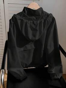 SHEIN PETITE CURVE Plus Size Women's Solid Color Drawstring Hooded Zip-Up Casual Versatile Daily Wear Jacket - Black - View 6