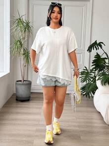 SHEIN EZwear 大码女式白色休闲夏季百搭网眼圆领落肩T恤 - 白色 - 查看 6
