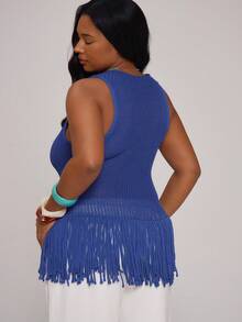 MUSERA Plus Size Crochet Knit Fringed Fitted Vest Top Autumn Vacation Holiday Beach Formal Vacation Elegant Casual Swim Ibiza Tropic Heat Royal Blue - Blue - View 4