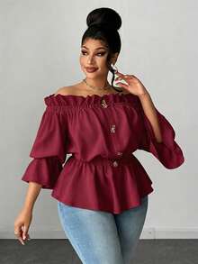 Maweii Blusa elegante de hombros descubiertos con volantes en el bajo, unicolor, talla grande, primavera/verano - Burdeos - Ver 2