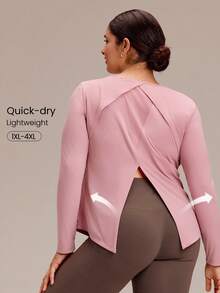GLOWMODE Plus Size Crewneck Short Sleeve Quick-Dry Cooling Breathable Mesh Panel Relaxed Fit Slit Back Plus Size Active Top Gym Running Training Fitness Wear - Rusty Rose - View 1