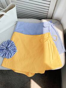 Comfortcana 2pcs/Set Plus Size Women's Summer Casual Linen Bow Striped Skirt Pants And Yellow Drawstring Wrap Shorts Set, Suitable For Beach Holiday - Multicolor - View 4