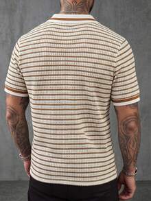 Manfinity Homme Men's Stylish Striped Knit Polo Shirt, White And Brown,Summer Smart Casual Short Sleeve Top,Breathable Vintage Old Money Retro For Vacation - Brown - View 6