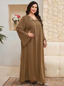 Al Najma Plus Size Women's Leopard Print Patchwork Button Design Long Sleeve Abaya - Brown - View 4