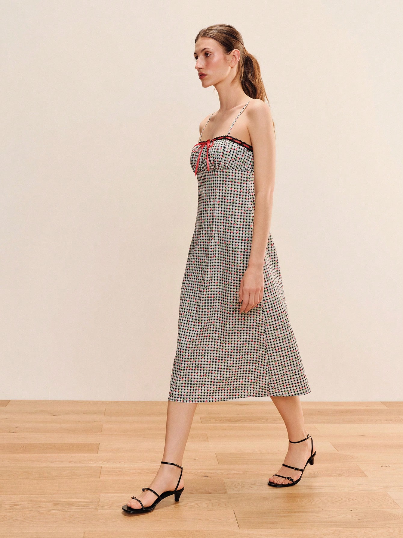 Floral And Gingham Printed Midi Dress With Contrast Red Straps And Tie Front Detail Vintage Cute Spring Summer Casual Holiday Dress Spaghetti Strap Dress Knee Length Dress French Style Dress