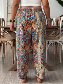 SHEIN VCAY Plus Size Women Loose Casual Boho Pants With Tie Waist And Frill Trim Vacation Royal Blue Autumn Fall Vacation Beach - Multicolor - View 2