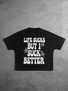 100% Cotton. Casual Short-Sleeved Printed T-Shirt. 1 Pack Men's Casual Summer T-Shirt With Star Print And Slogan. Spring/Summer Top. - Black - View 3