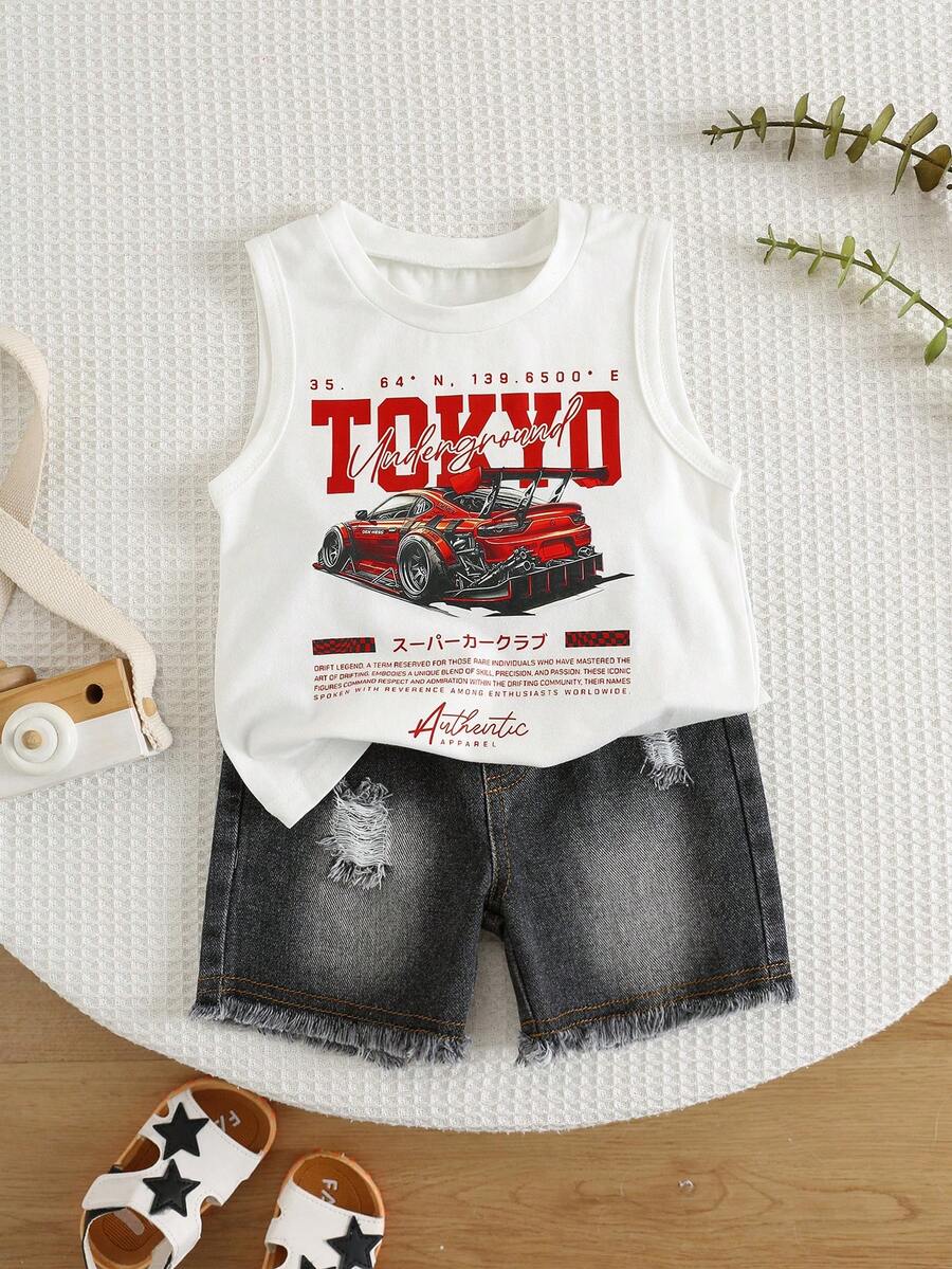 SHEIN Bộ 2 món cho bé trai, gồm áo tank top dệt kim in hình xe hơi dễ thương và quần short denim, bộ áo tank top, bộ quần short denim, bộ đồ xe đua. - Nhiều màu - Xem 1