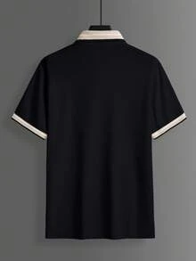 Calvornis 男士緹花領刺繡短袖休閒 Polo 衫，正式款 - 黑色 - 查看 4