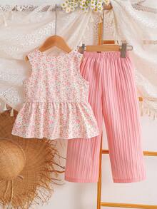 SHEIN Elladie kids 女童两件套碎花套装，粉色蝴蝶结装饰无袖上衣+纹理阔腿裤，甜美可爱夏季休闲装 - 粉色 - 查看 2