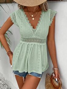 Camiseta de manga corta casual con cuello en V profundo y encaje de color sólido para mujer  Frenchy, top de verano. - Púrpura polvoriento - Ver 5