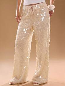 SHEIN BAE Women's Fashionable Party Sequin Wide Leg Pants - Apricot - View 6