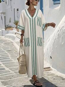 Louniche Women's Casual Loose Long Dress, Fashionable Striped Large Pocket Design, Suitable For Summer Daily Vacation - Green - View 3