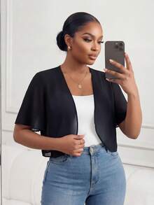 SHEIN Lady CURVE Chaqueta de gasa negra de manga corta, informal, holgada y transpirable para uso diario, con protección solar, para mujeres de talla grande, para primavera y verano - Negro - Ver 5