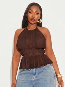 SHEIN SXY Elegant Sleeveless Brown Sheer Halter Top With Ruched Waist And Peplum Hem - Brown - View 6