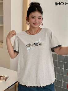 Dazy Plus 卡通印花蝴蝶結荷葉邊飾圓領短袖T恤，大尺碼女款，春夏季圖案T恤 - 灰色 - 查看 4