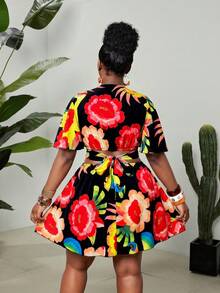 Maweii Plus Size Floral Print Tie-Waist Backless Dress, Casual Holiday Beach Vacation Black Summer - Multicolor - View 2