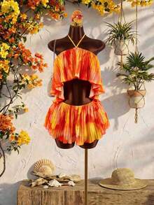 Amplova Bộ đồ hai mảnh bằng vải chiffon dành cho nữ: Áo cổ yếm hở lưng với vạt áo bất đối xứng, viền bèo nhún hai lớp mềm mại và chân váy ngắn, gợi cảm và phá cách, thích hợp cho trang phục đi nghỉ mát. - trái cam - Xem 4