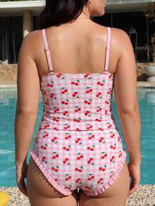 Swim Mod 2026 New Cherry Print Plus Size Spaghetti Strap Swimwear Set For Women, Suitable For Beach Vacation In Spring/Summer - Multicolor - View 2