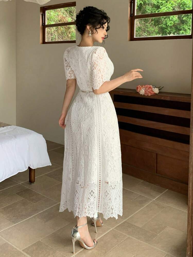 Elegant Fitted Lace Midi Dress For Women, Spring & Summer