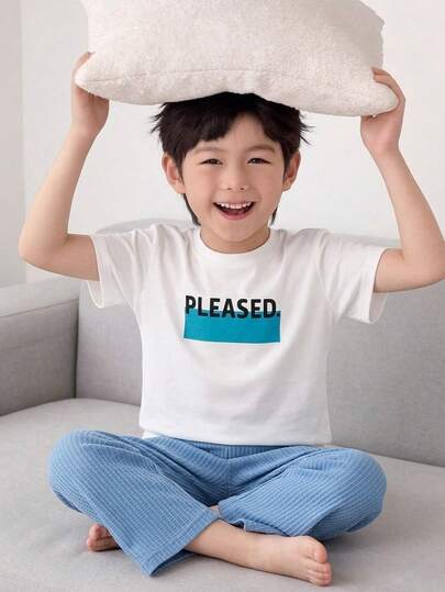2pcs Kids/Toddlers Cute Waffle Fabric Short Sleeve Top And Pants Pajama Set, Suitable For Casual Wear, Spring/Summer