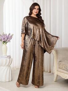 Modelyn Bộ đồ 2 món cỡ lớn thanh lịch gồm áo và quần bất đối xứng - Cà phê nâu - Xem 5