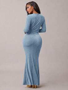 Radiana Vestido sereia verde menta com decote profundo e mangas compridas, elegante e formal, ideal para encontros, reuniões, aniversários, festas, formaturas, banquetes e coquetéis. - Azul - Ver 2