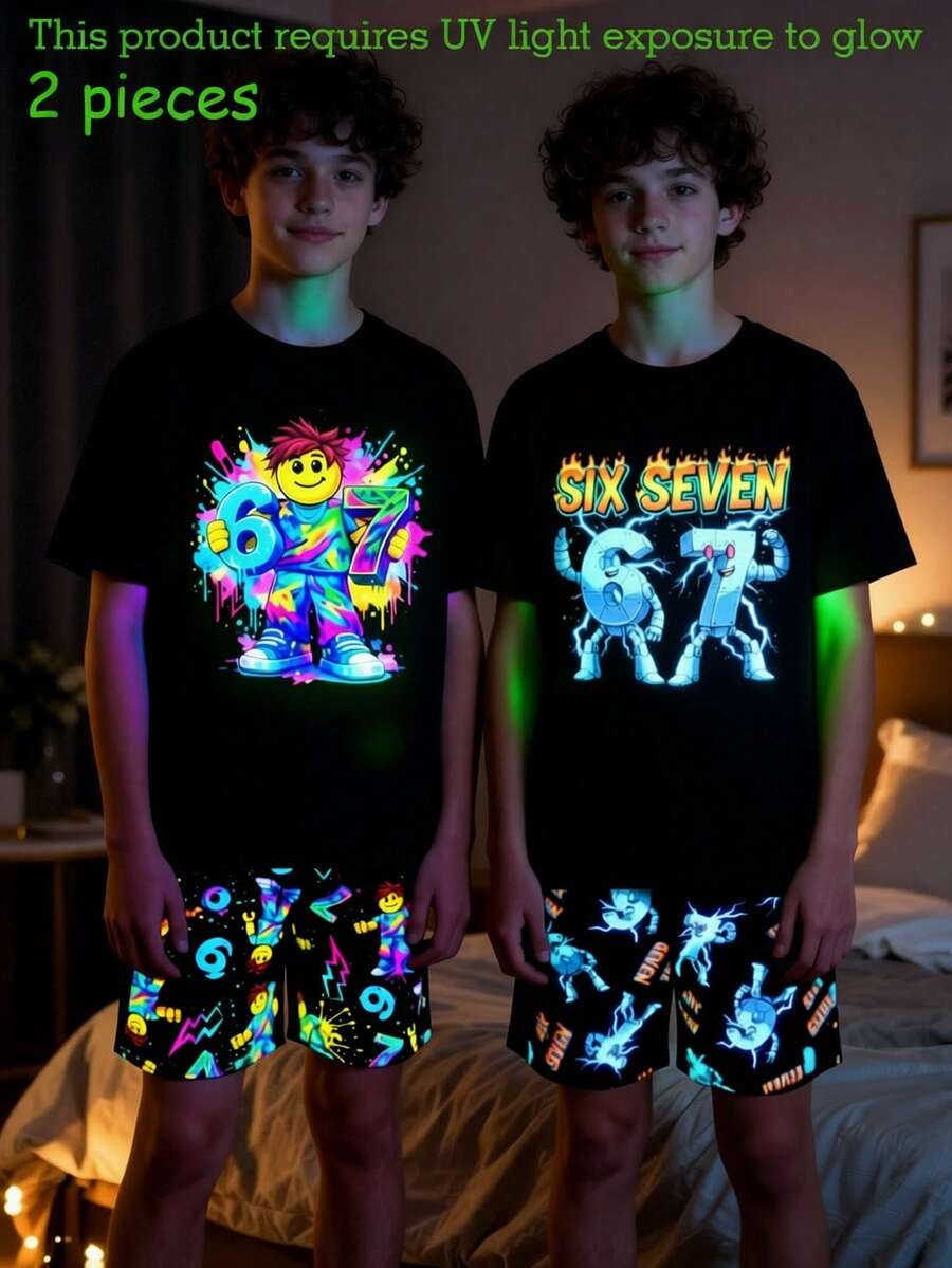 青少年男童睡衣套装,时尚夜光图案方块数字印花短袖上衣和短裤,简约纯色两件套家居服 - 黑色 - 查看 1